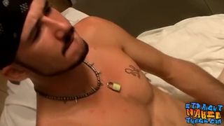 Tattooed straight thug strokes his fat hairy cock and cums