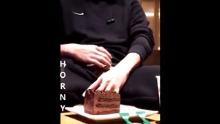 Small Dick Horny Gay Asian Jerk Off In a Cafe and Cum on Cake Fit Asian 